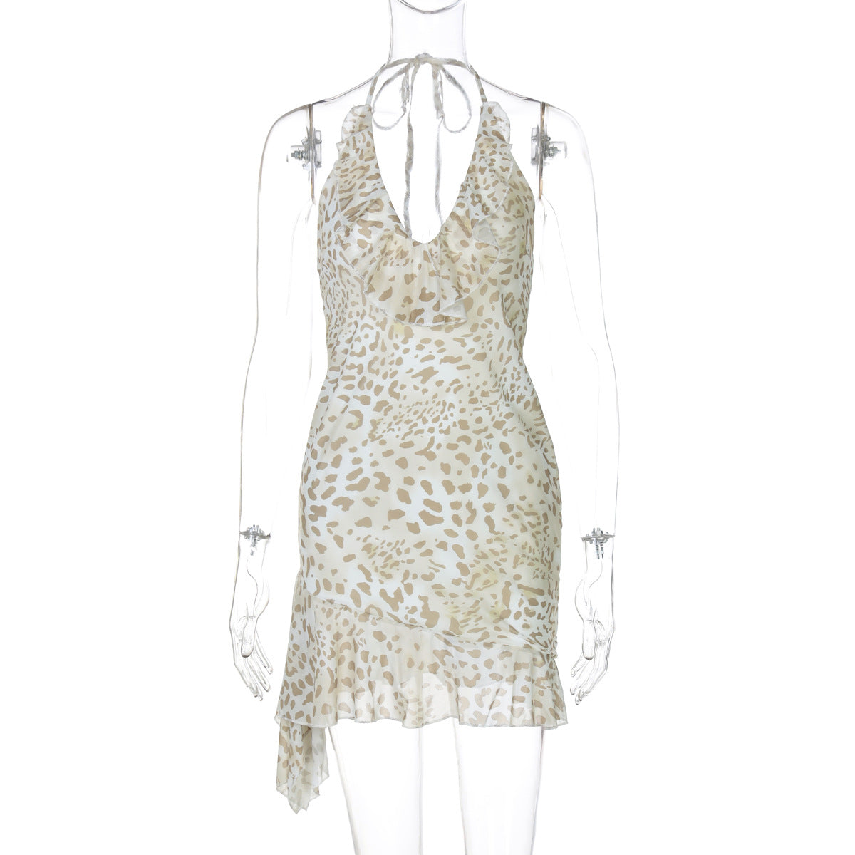 Summer Sexy Leopard Print Printed Sexy Deep V Plunge Sheath Wooden Ear Halter Dress Women Bella Mia